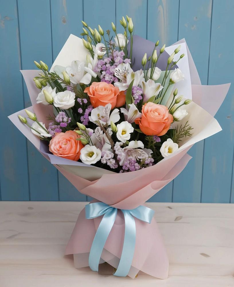 Букет цветов из: Лизиантусы, Розы, Альстромерии и Гипсофила в Новогагатли