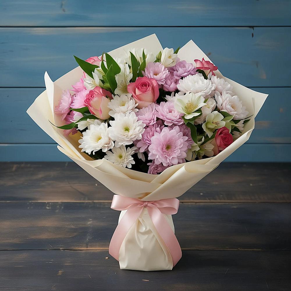 Букет цветов из: Хризантемы, Альстромерии и Розы в Новогагатли